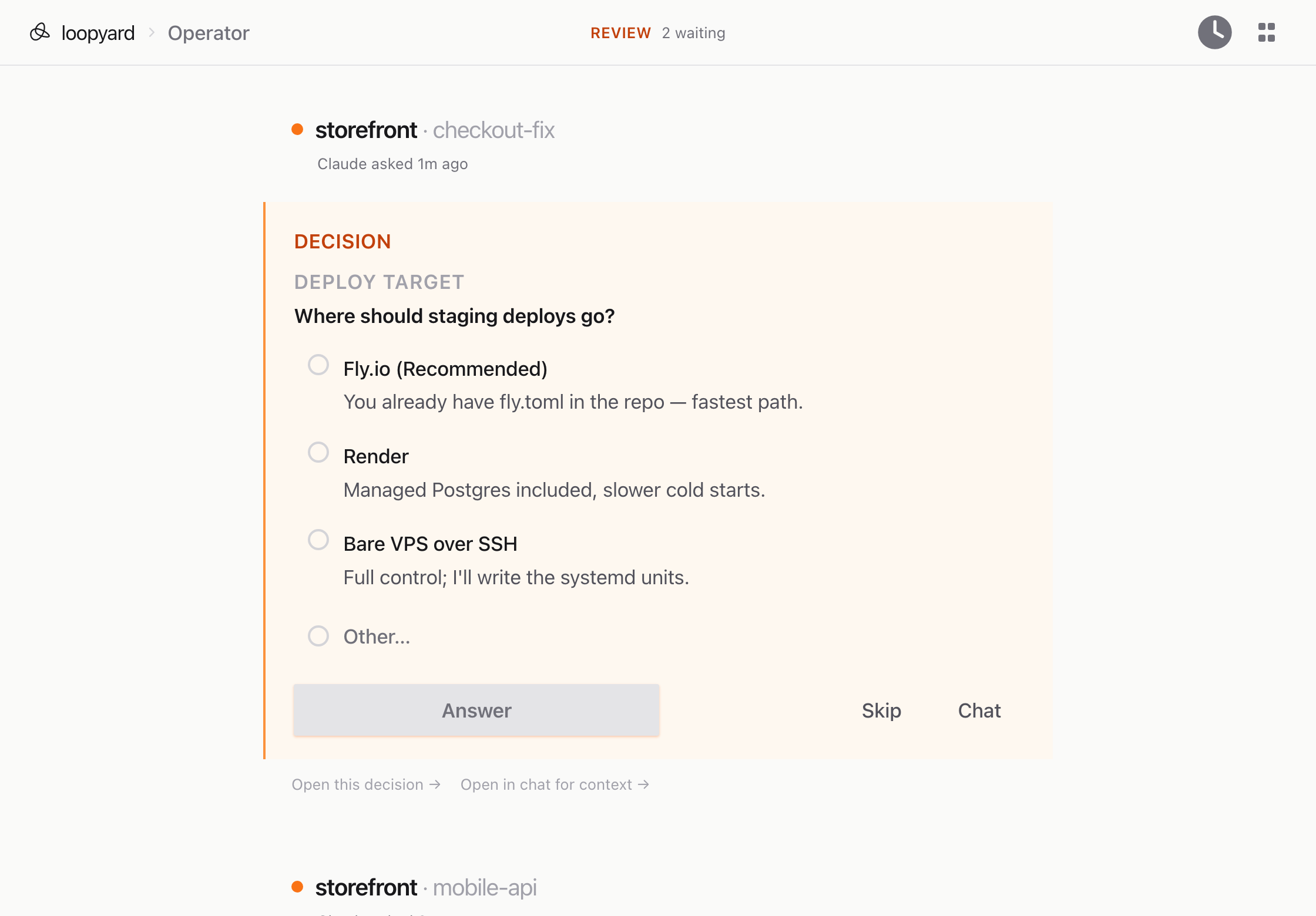Loopyard: Decisions that wait for you